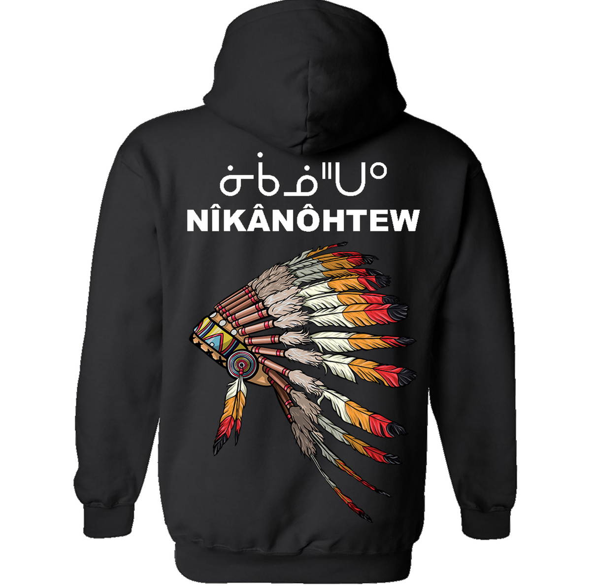 A black zip-up hoodie  featuring a large graphic print of a Native American-style feathered headdress with syllabics and cree  'NIKăNăHTEW' in white above it, on a plain white background.