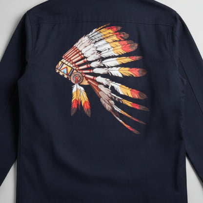 A Navy insulated zip jacket. Chief headdress predominately on the back and left chest of this adult jacket.
