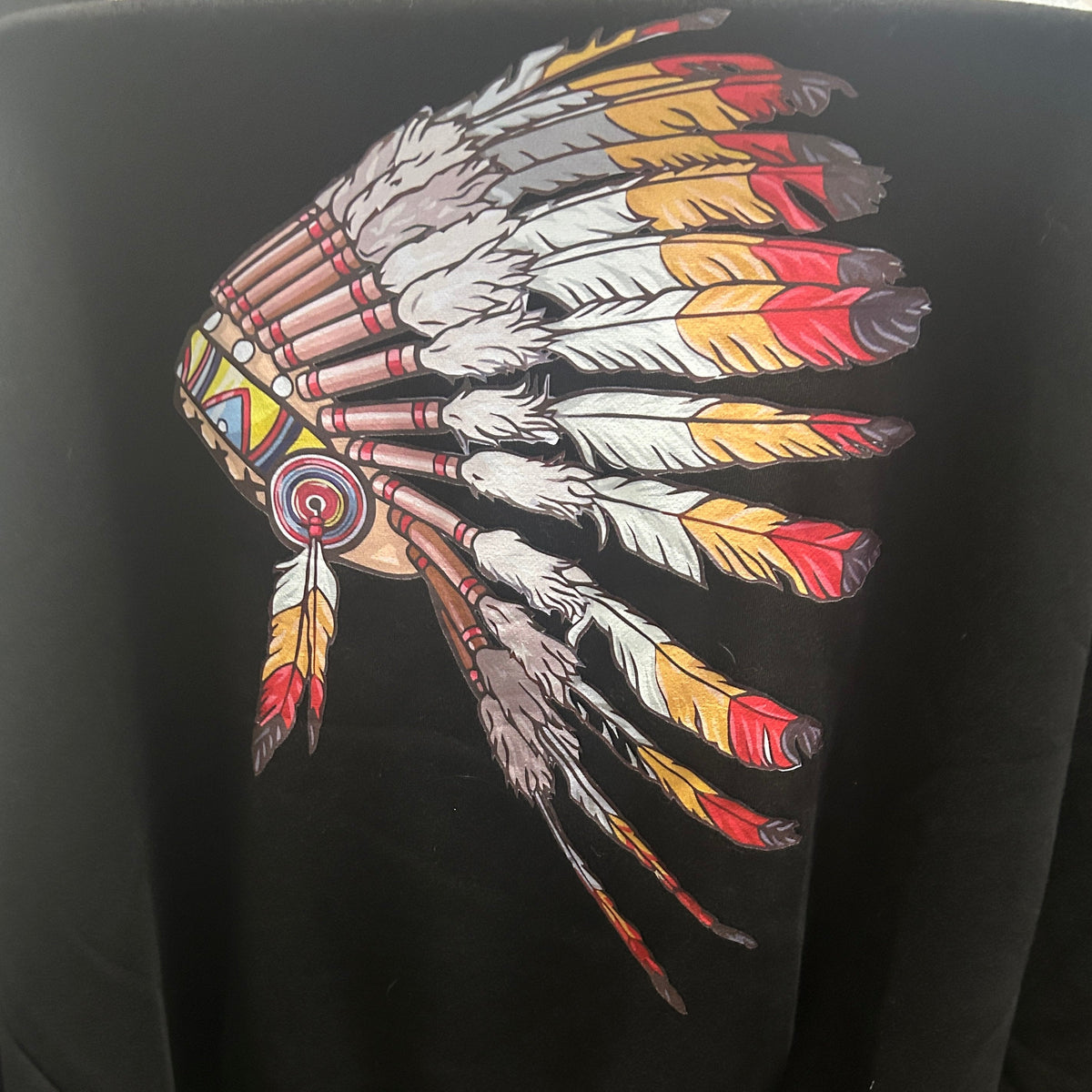 Black Arctic Wear 606 zip hoodie back, hood up, chief headdress print