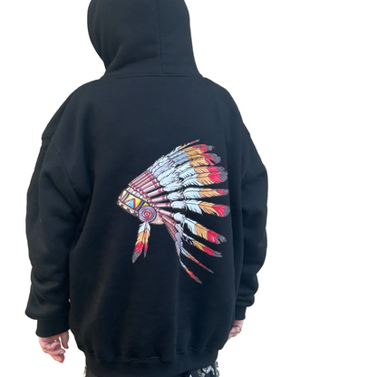 Black Arctic Wear 606 zip hoodie, back view, chief headdress print on a white background